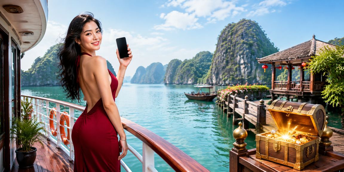 Người chơi sử dụng điện thoại nhận thông báo khuyến mãi tại Hạ Long